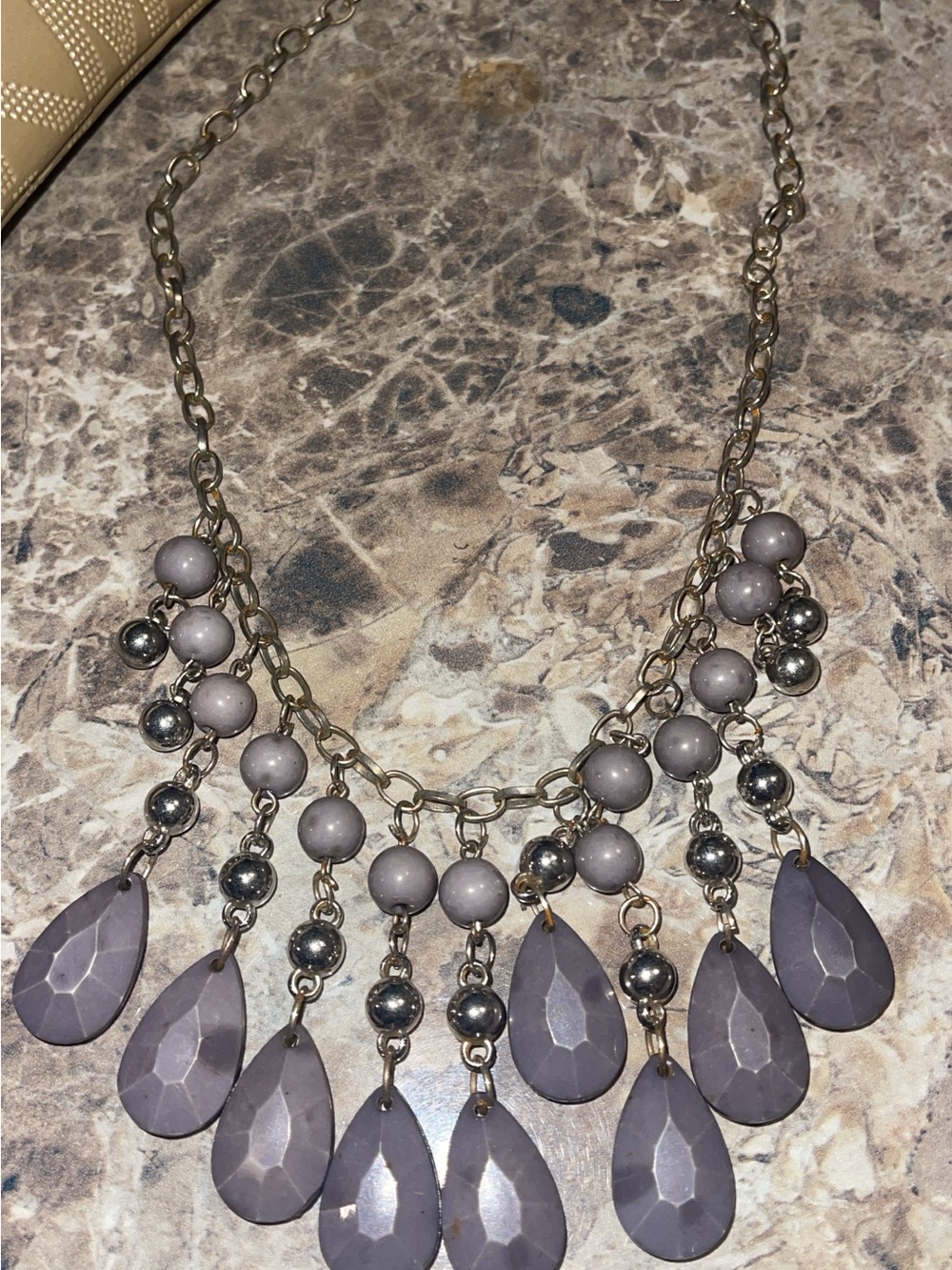 Lavender Teardrop Bib Necklace with Gold-Tone Chain
